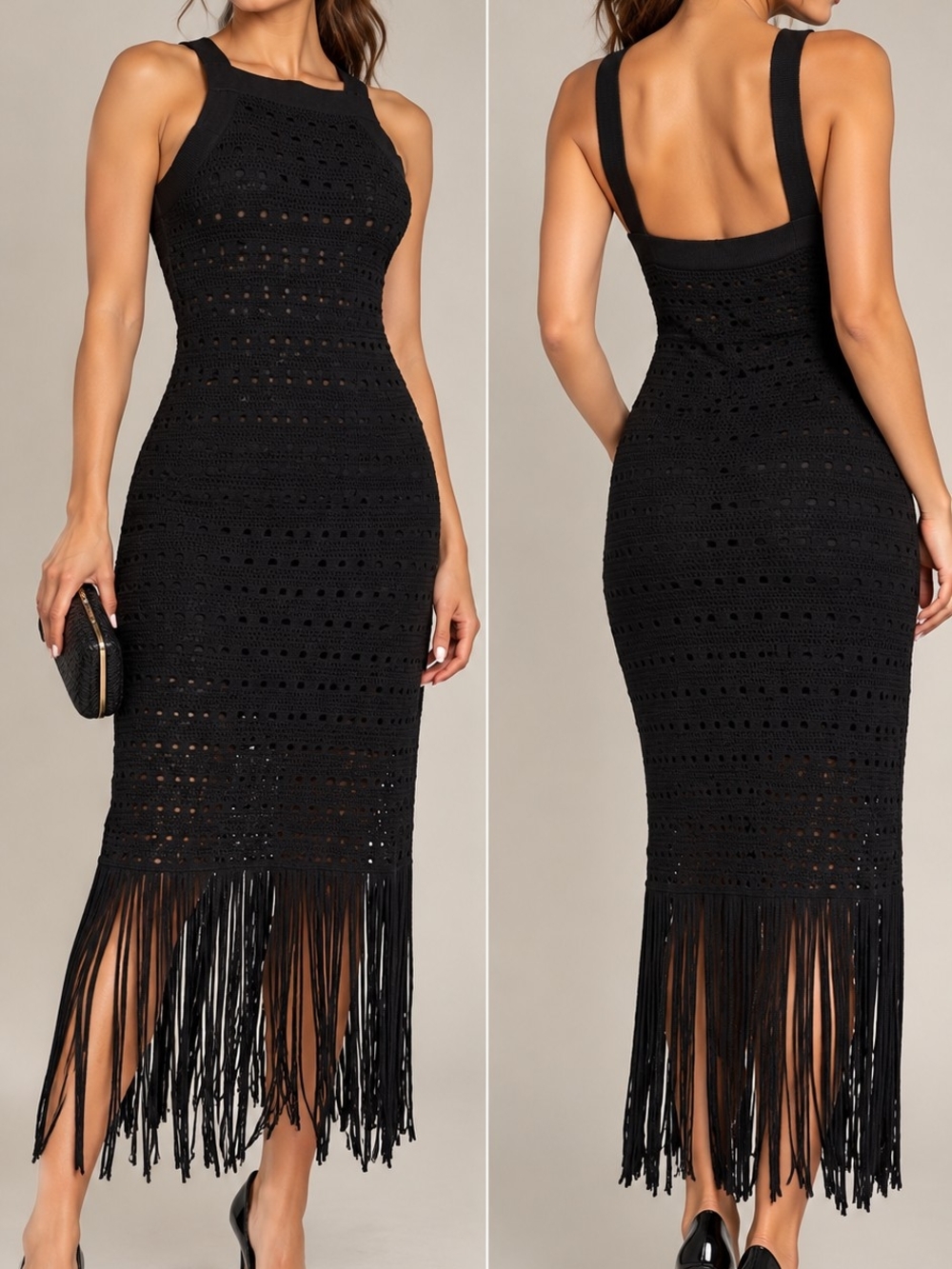 Black Crochet Fringe Midi Dress New Without Tags